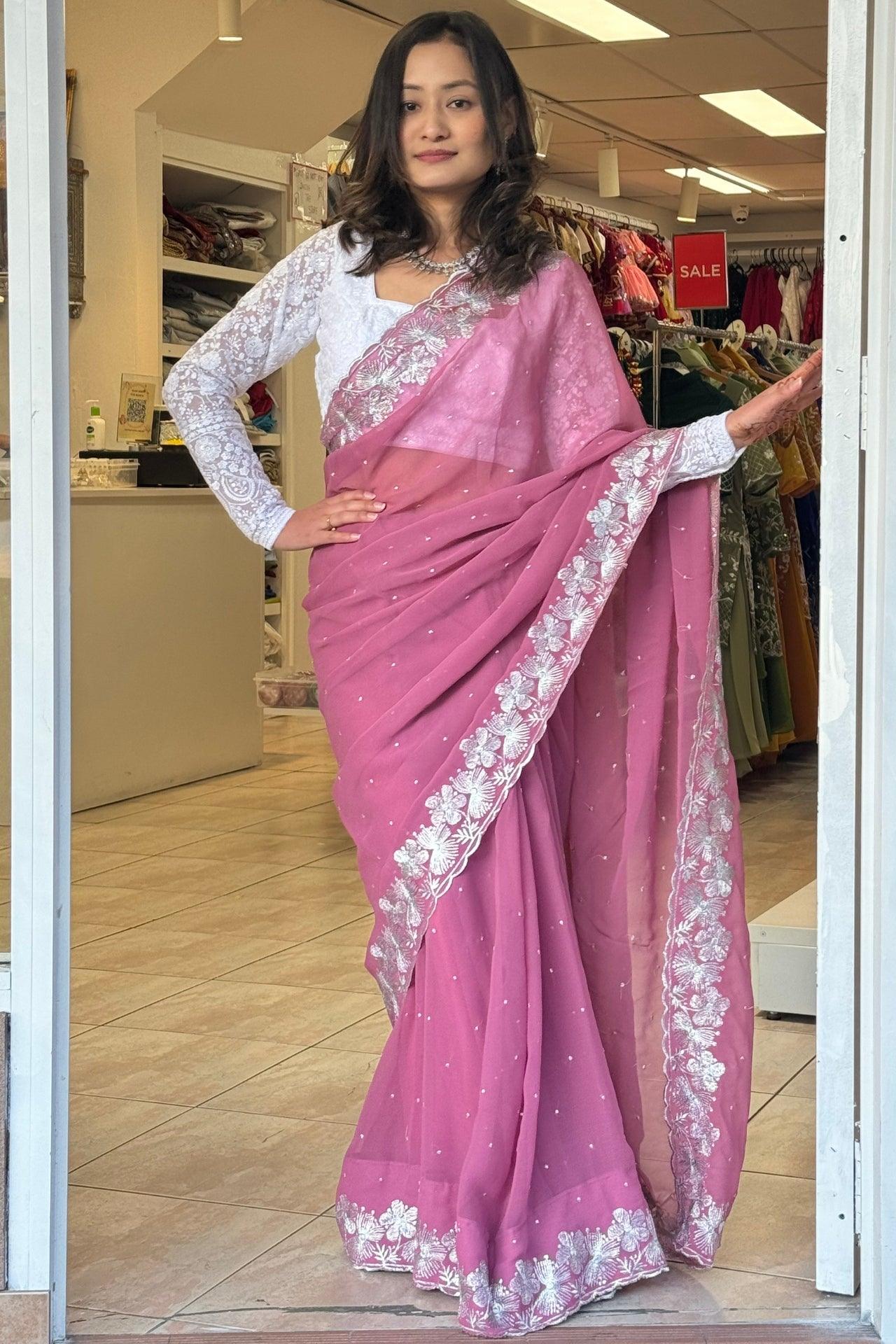 CHIFFON Saree Silver Zari Work - Boutique Nepal