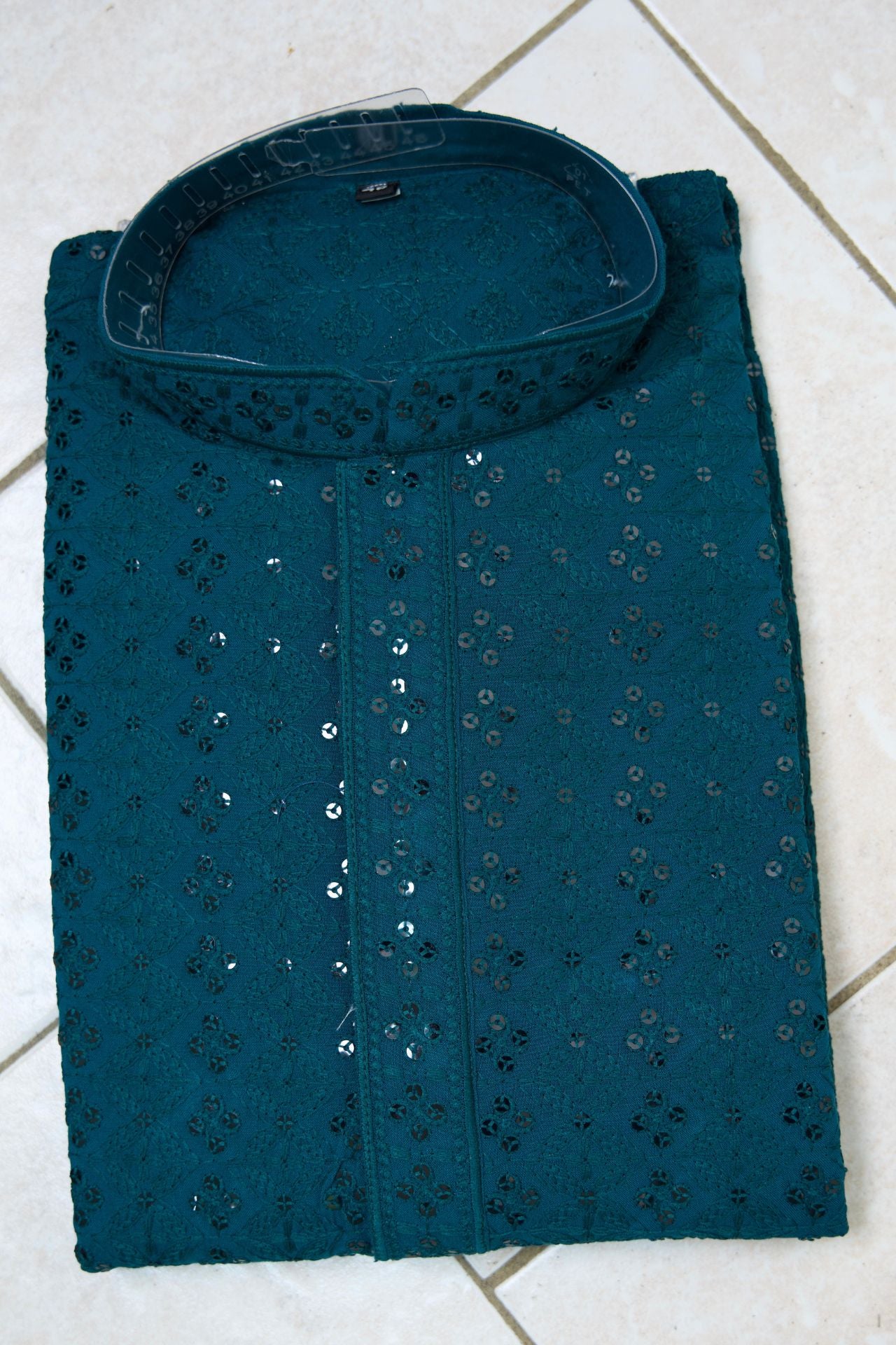 Chikankari Mens Kurta Set In Peacock Blue - Boutique Nepal