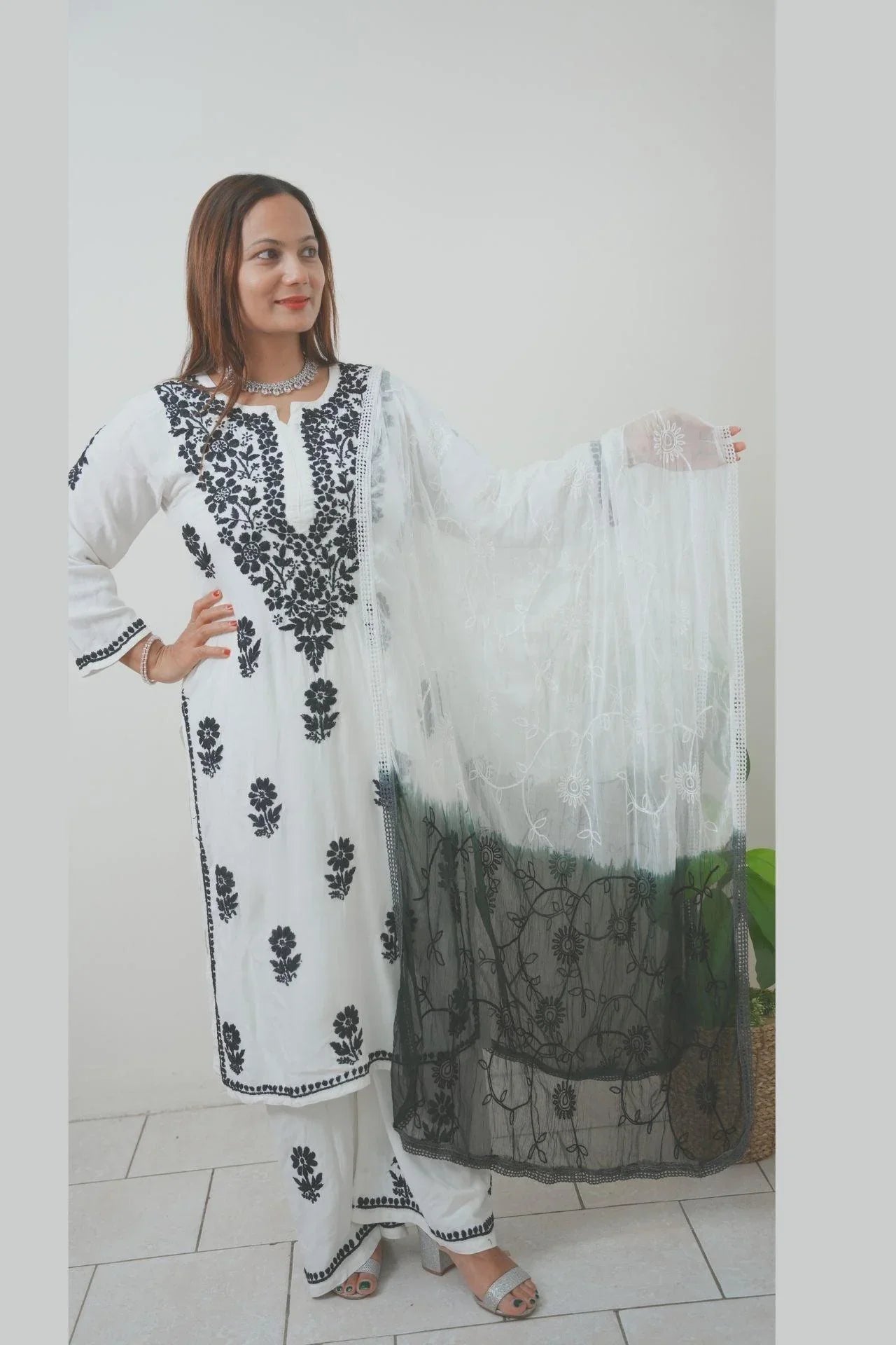 Chikankari Muslin Straight Kurta Three Pieces set - Boutique Nepal