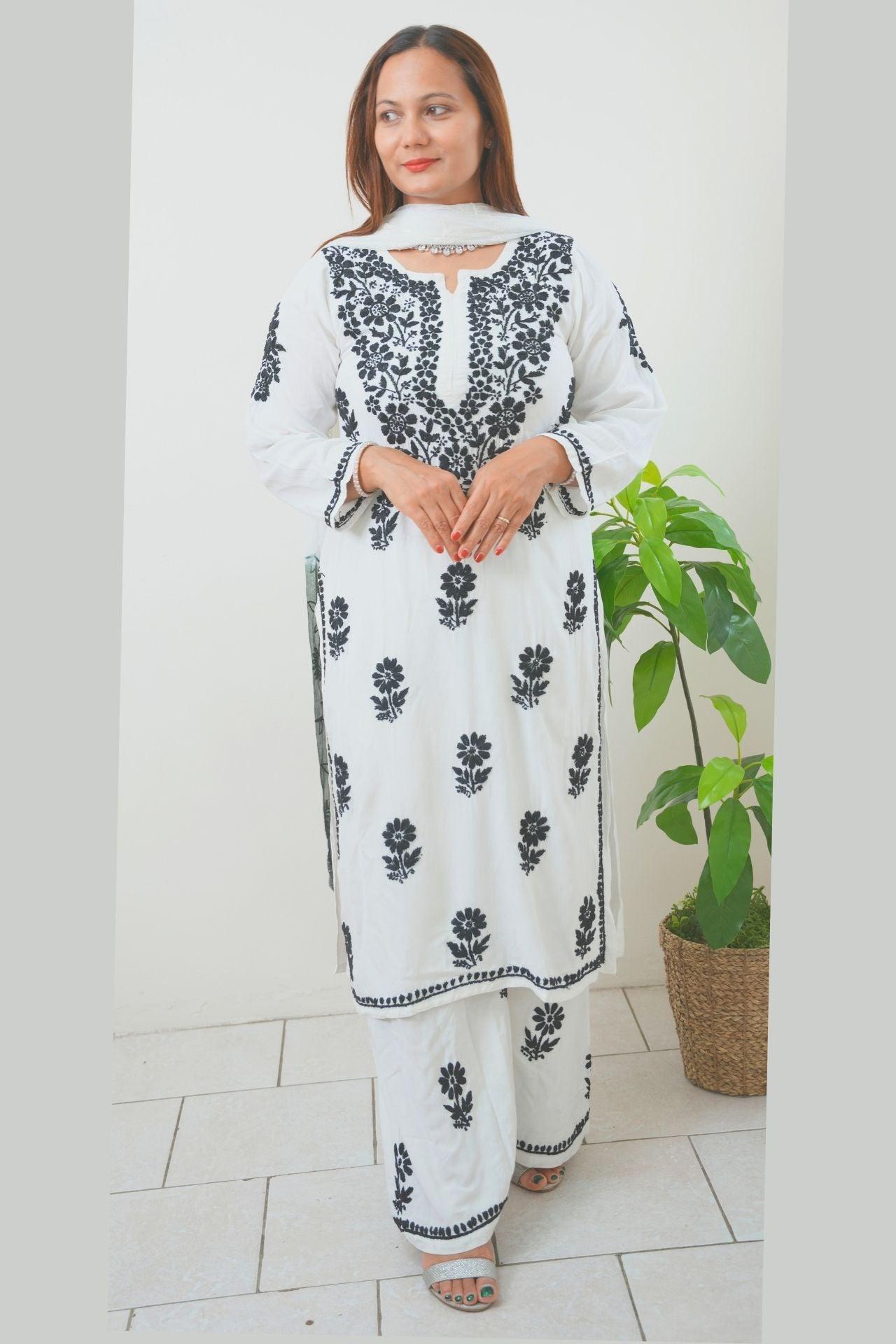 Chikankari Muslin Straight Kurta Three Pieces set - Boutique Nepal