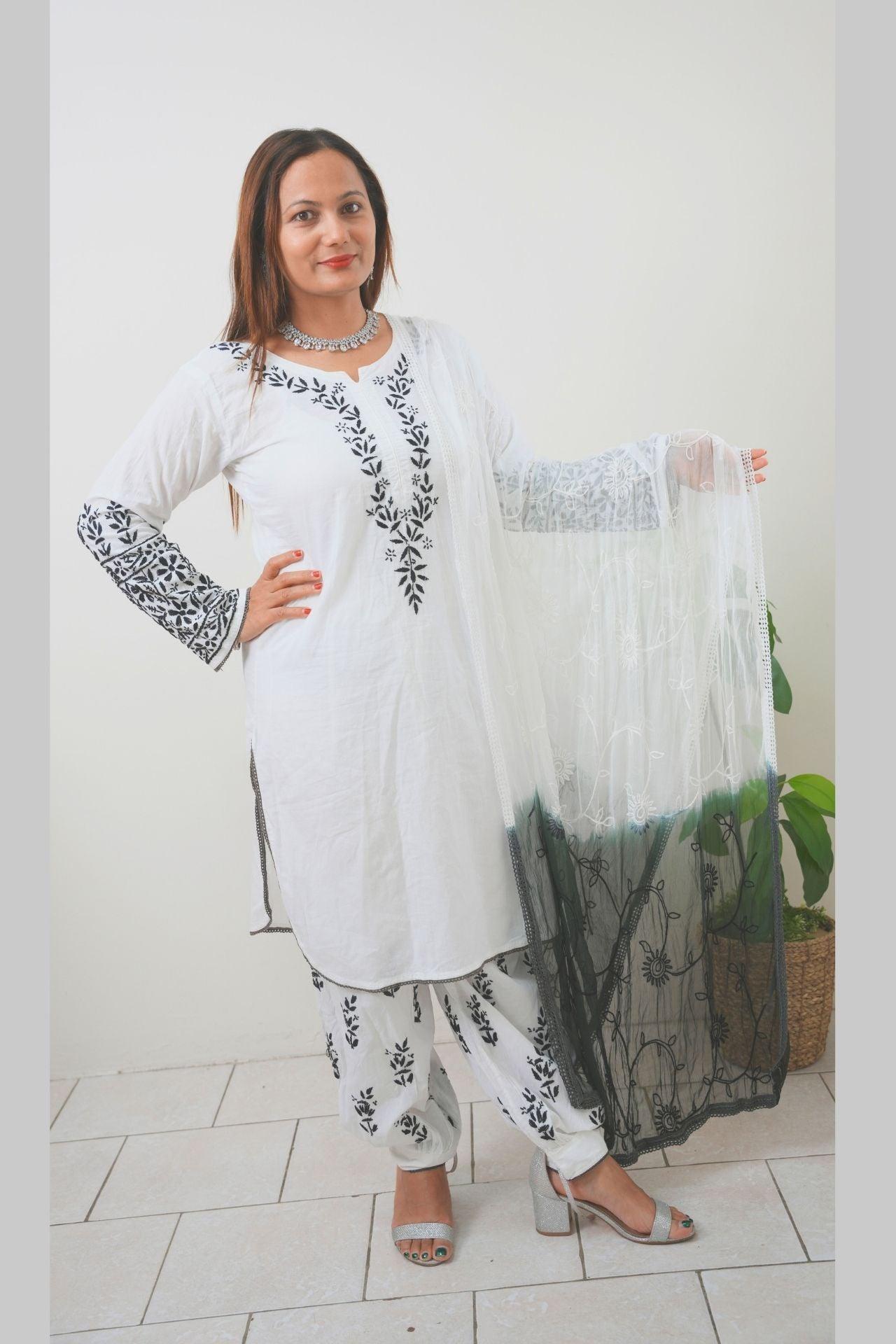 Chikankari Pure Soft Cotton Straight Kurta Three Pieces set - Boutique Nepal