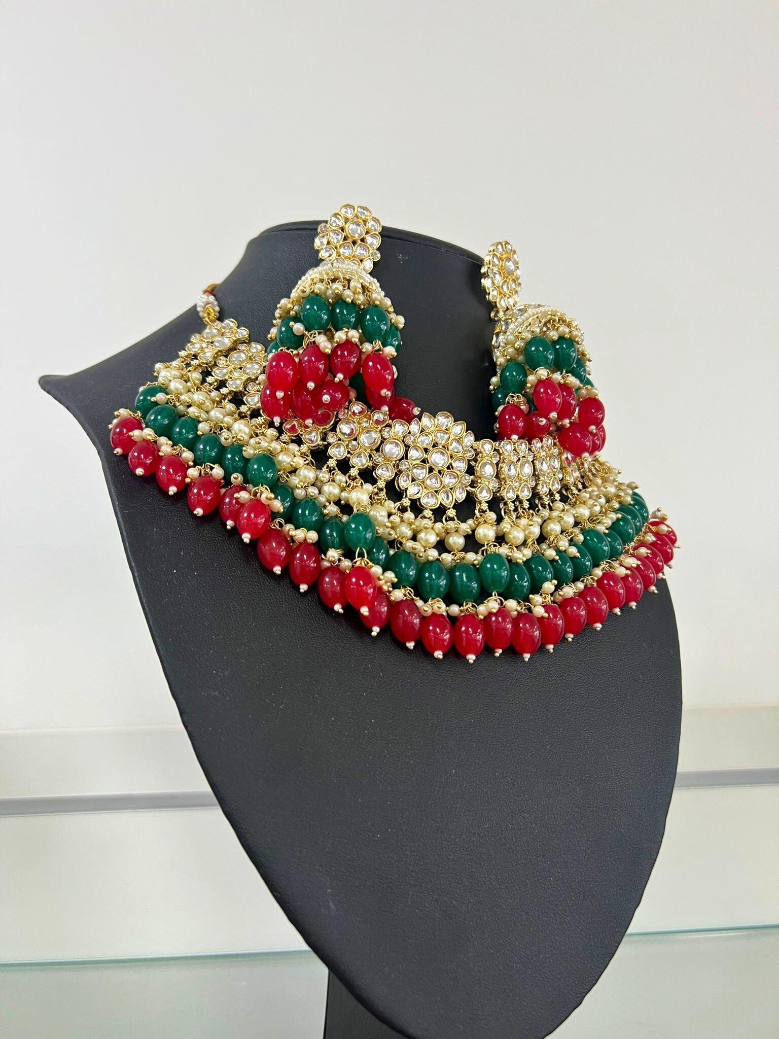 Choker Neckless Set In Green, Gold And Red - Boutique Nepal