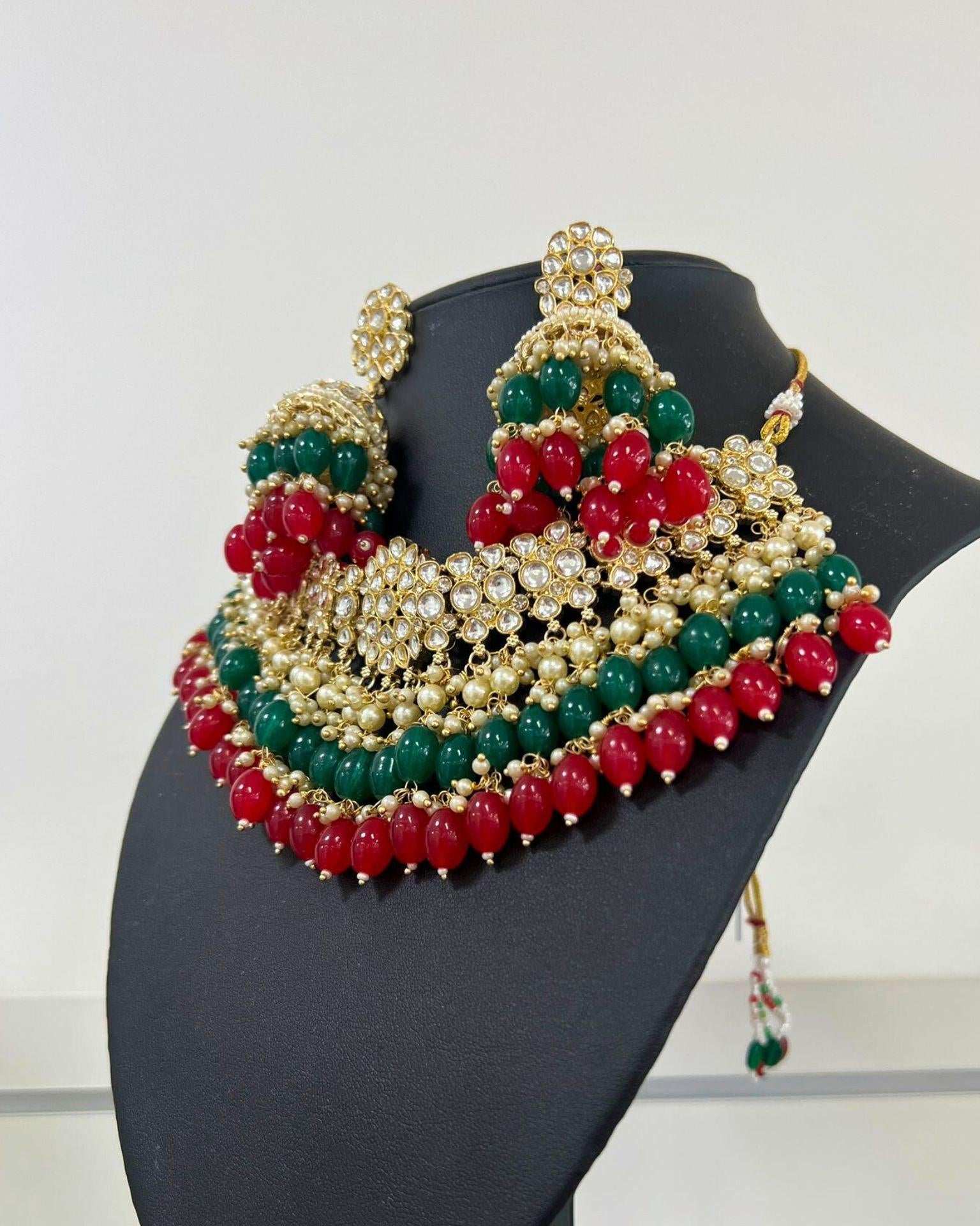 Choker Neckless Set In Green, Gold And Red - Boutique Nepal Au
