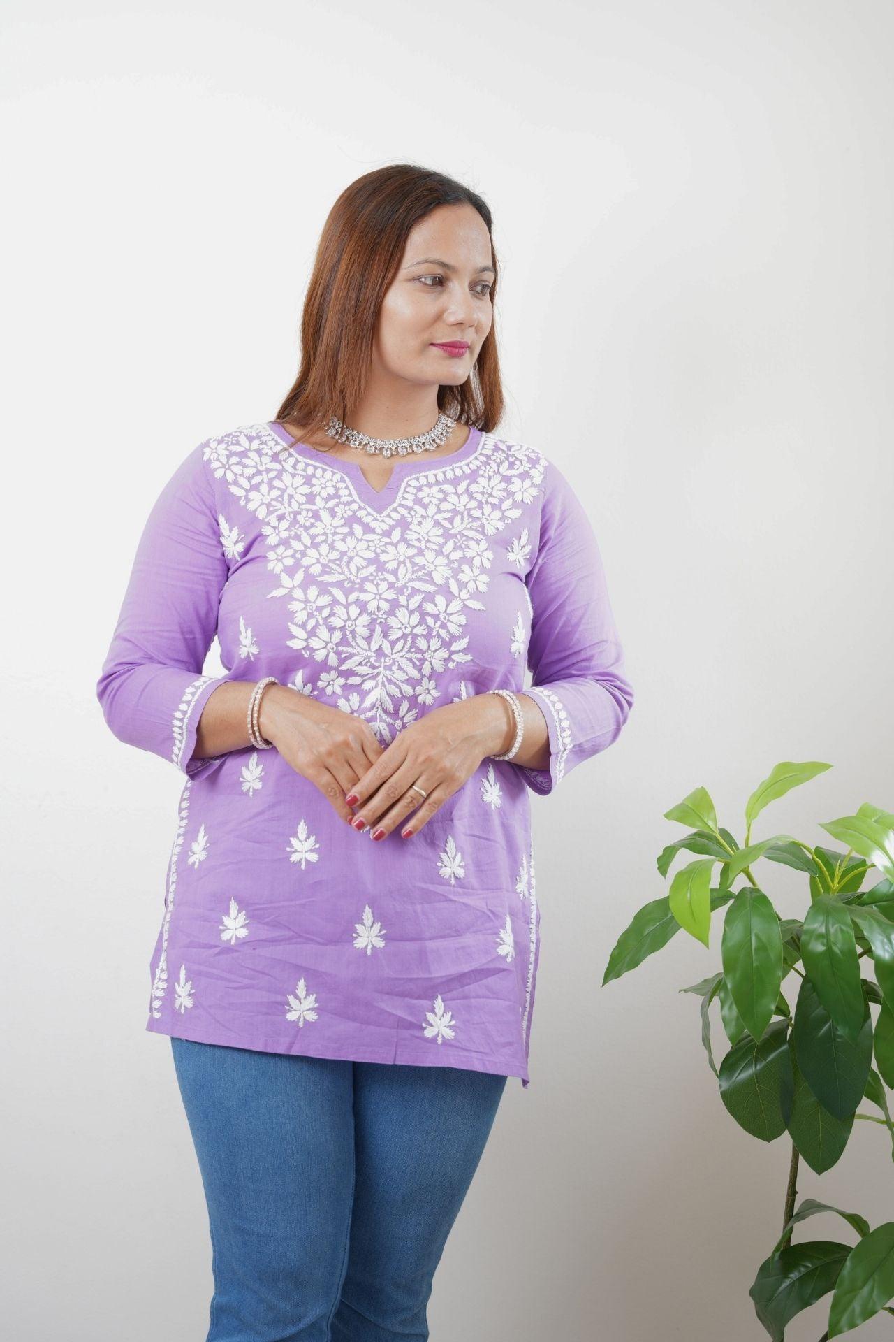 Cotton Chikankari Women's Short Kurta - Lavender - Boutique Nepal