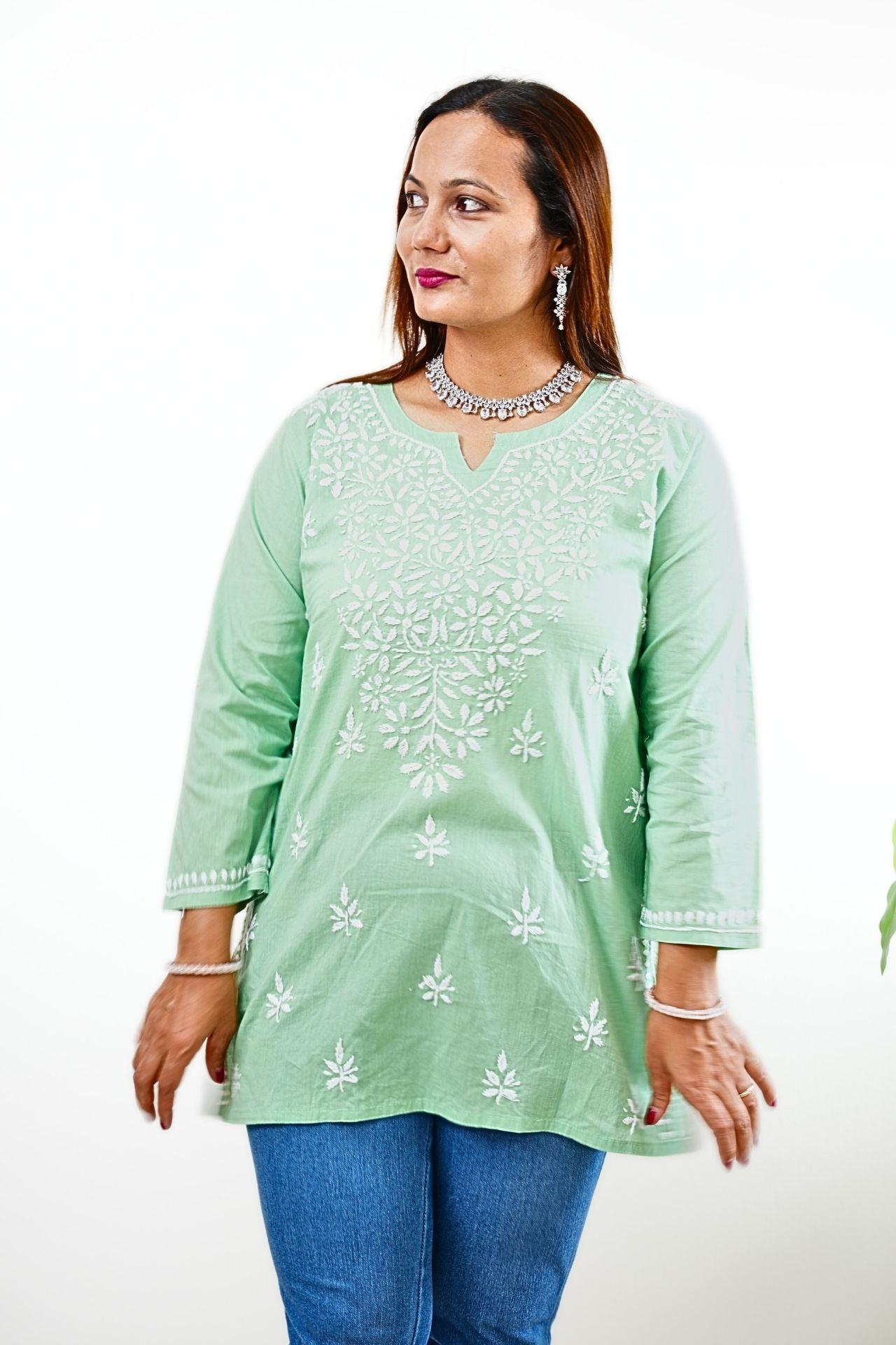 Cotton Chikankari Women's Short Kurta - LightGreen - Boutique Nepal