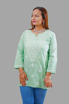 Cotton Chikankari Women's Short Kurta - LightGreen - Boutique Nepal