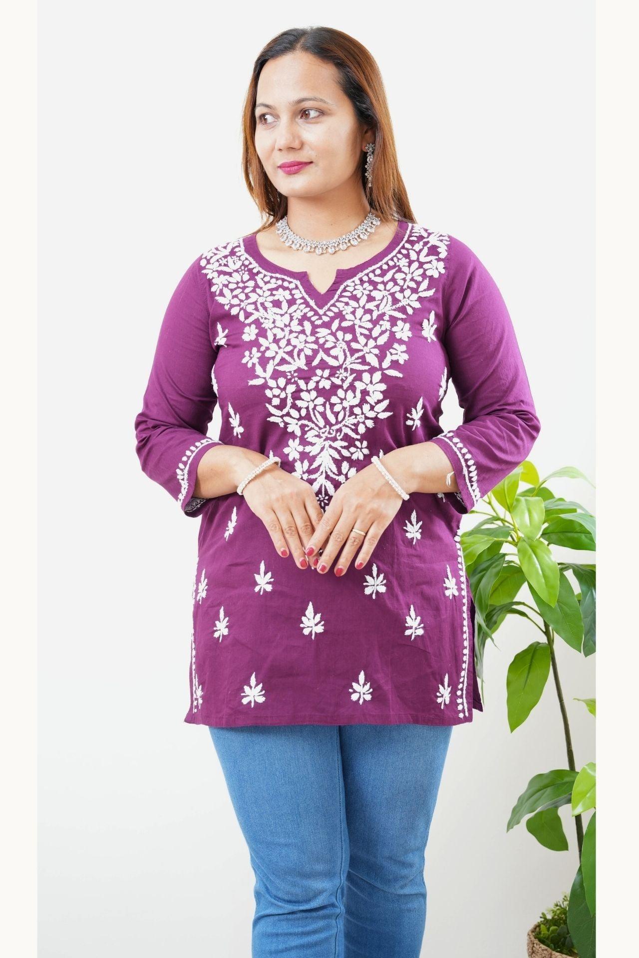 Cotton Chikankari Women's Short Kurta - Purple - Boutique Nepal