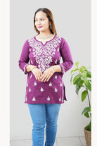 Cotton Chikankari Women's Short Kurta - Purple - Boutique Nepal