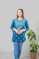 Cotton Chikankari Women's Short Kurta - Teal - Boutique Nepal