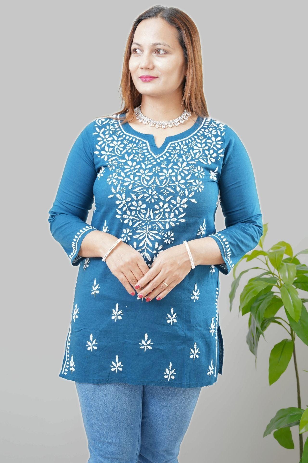 Cotton Chikankari Women's Short Kurta - Teal - Boutique Nepal