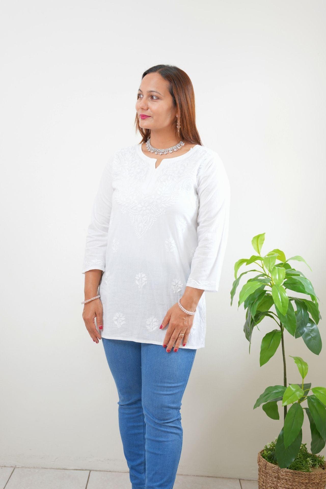 Cotton Chikankari Women's Short Kurta - White - Boutique Nepal