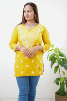 Cotton Chikankari Women's Short Kurta - Yellow - Boutique Nepal