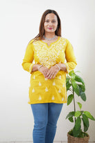 Cotton Chikankari Women's Short Kurta - Yellow - Boutique Nepal