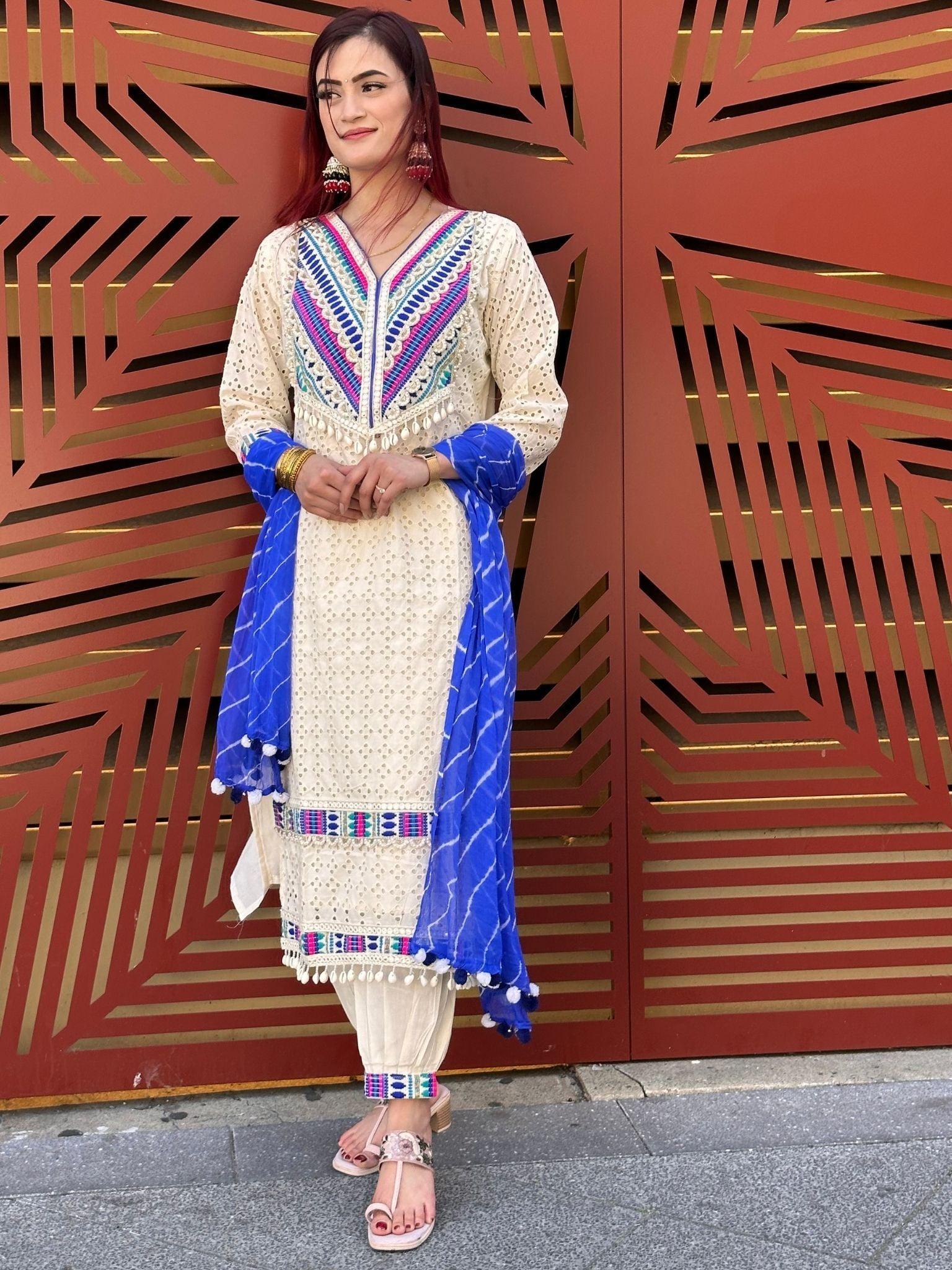 Cream Heavy Thread Embroided Kurta Set - Boutique Nepal Australia 