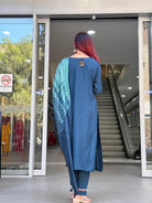 Dark Blue Silk Blend Printed Readymade Kurta Set With Floral Print Dupatta - Boutique Nepal Australia 