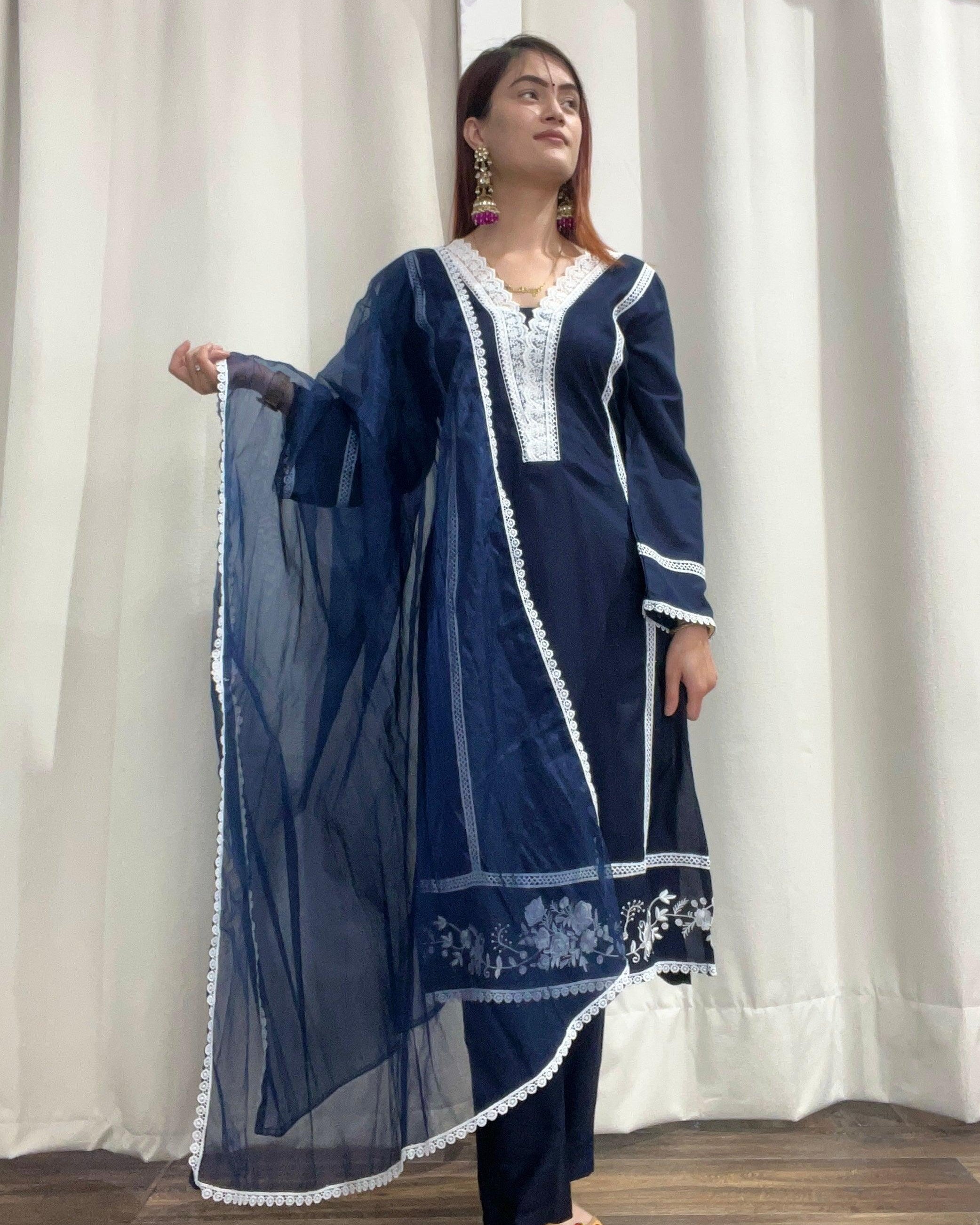Dark Blue Three Piece Readymade Kurta Set with White Lace Design - Boutique Nepal