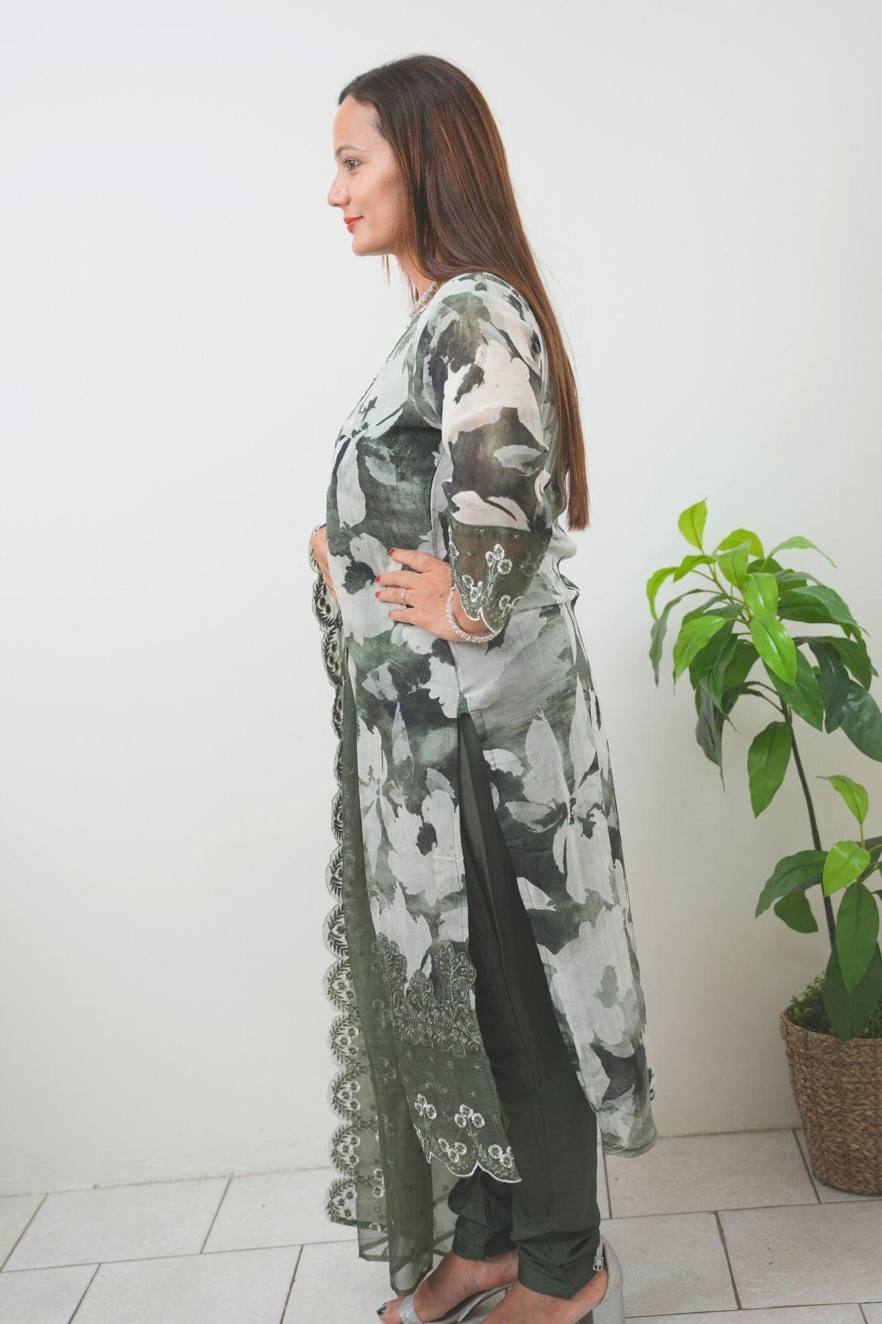 Dark Green Tissue Silk Embroidered Kurta Set - Boutique Nepal