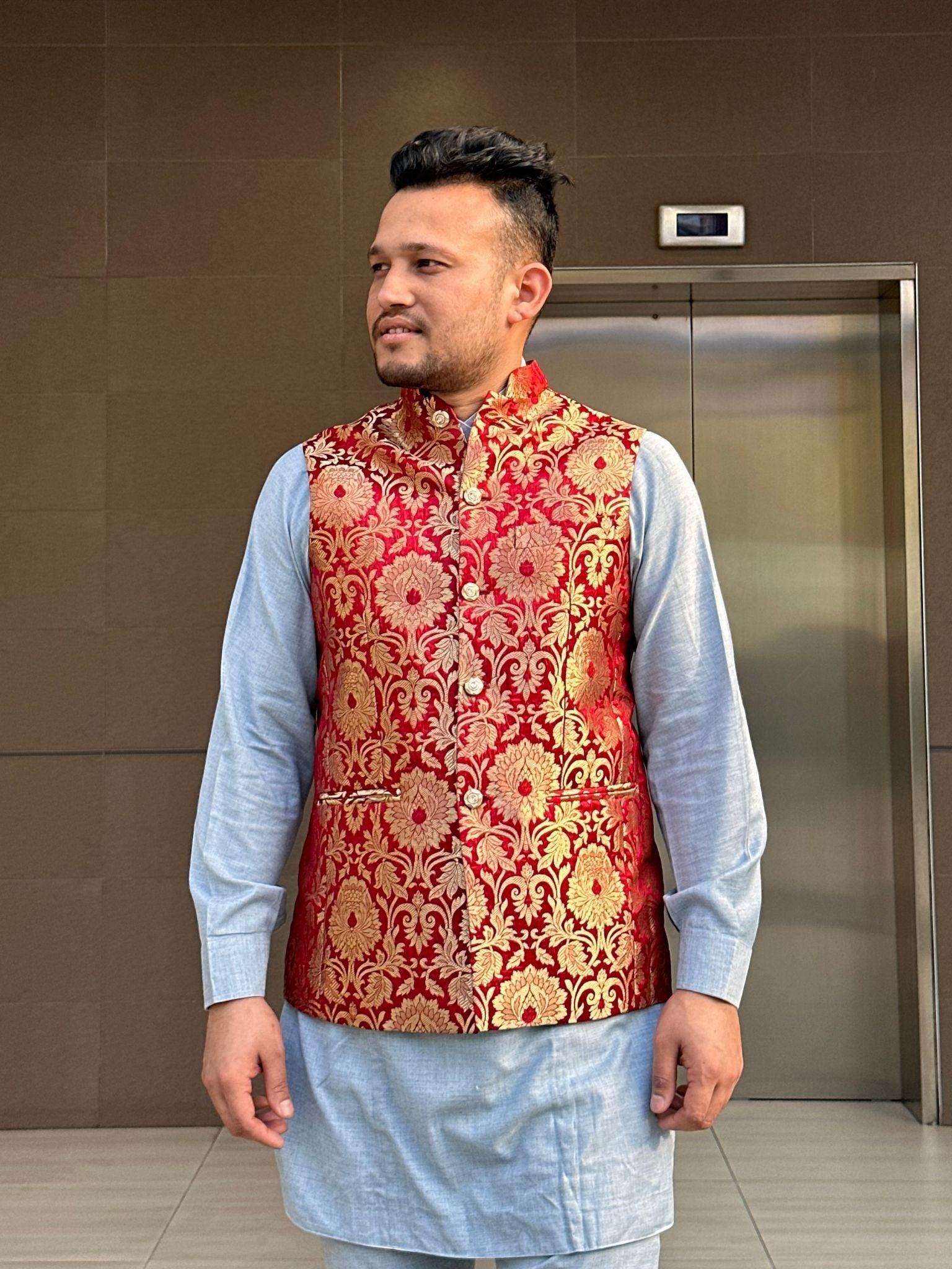 Dark Red Nehru Jacket Waistcoat - Boutique Nepal