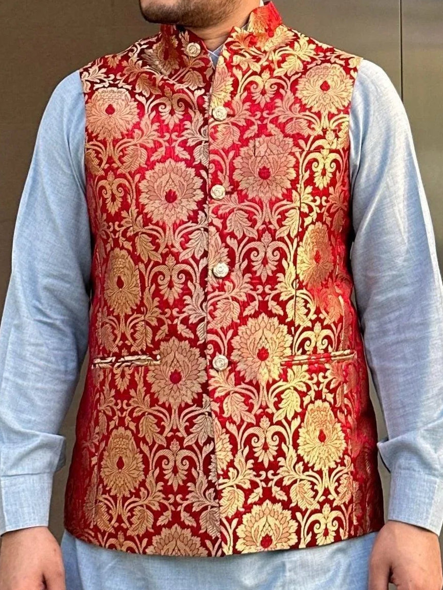 Dark Red Nehru Jacket Waistcoat - Boutique Nepal