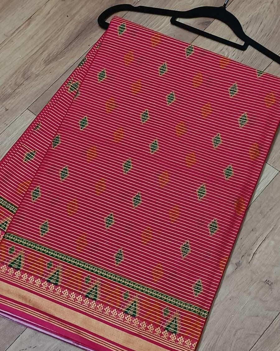 Dhoti Cotton Saree in Red with Green Pattern - Boutique Nepal