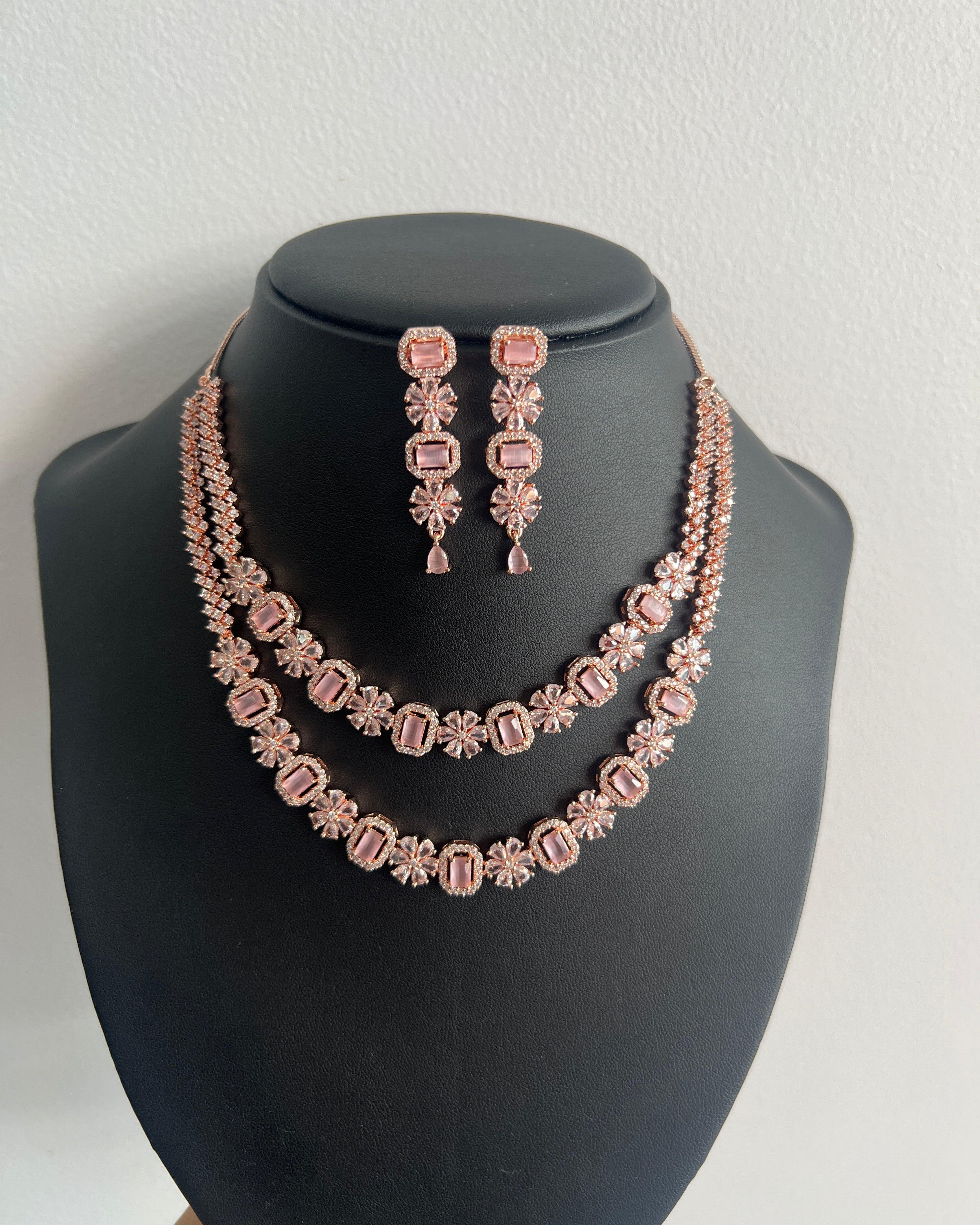 Double Layer American Diamond Necklace Set Rose Gold - Boutique Nepal Australia 