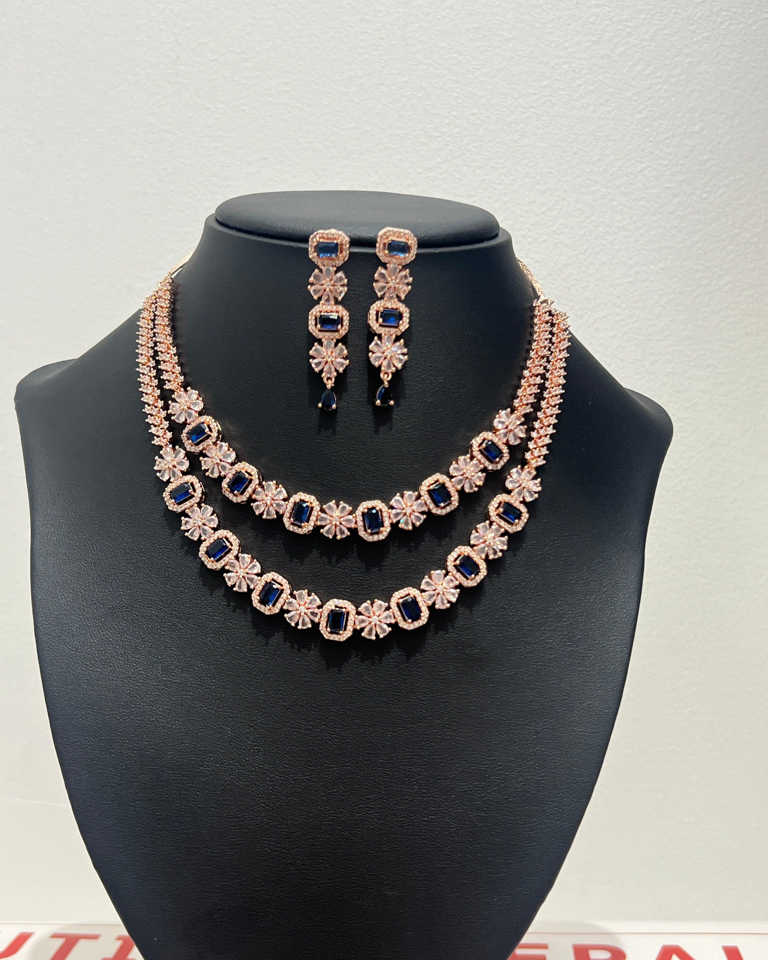 Double Layer American Diamond Necklace Set Rose Gold With Royal Blue Stone - Boutique Nepal Australia 