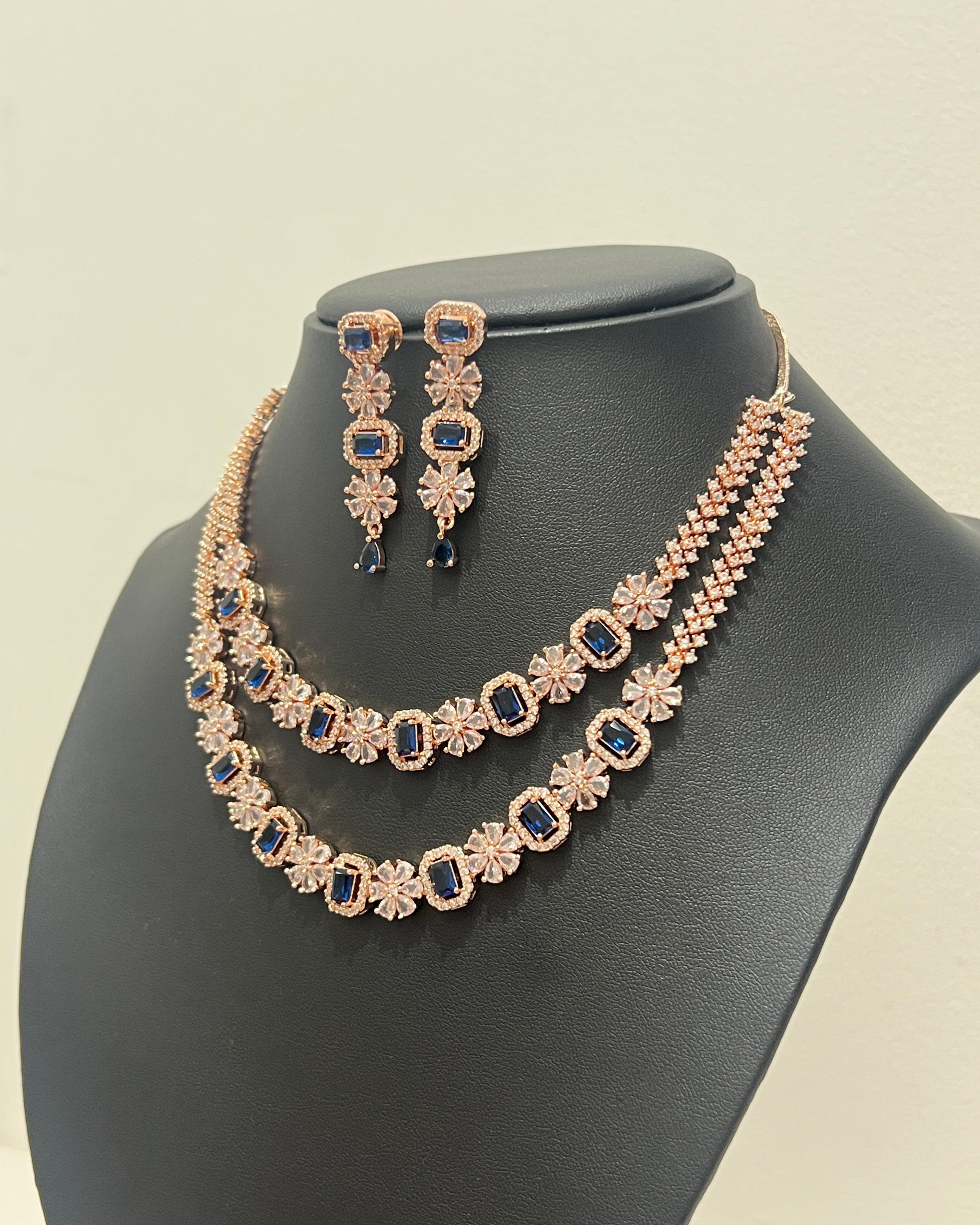 Double Layer American Diamond Necklace Set Rose Gold With Royal Blue Stone - Boutique Nepal Australia 