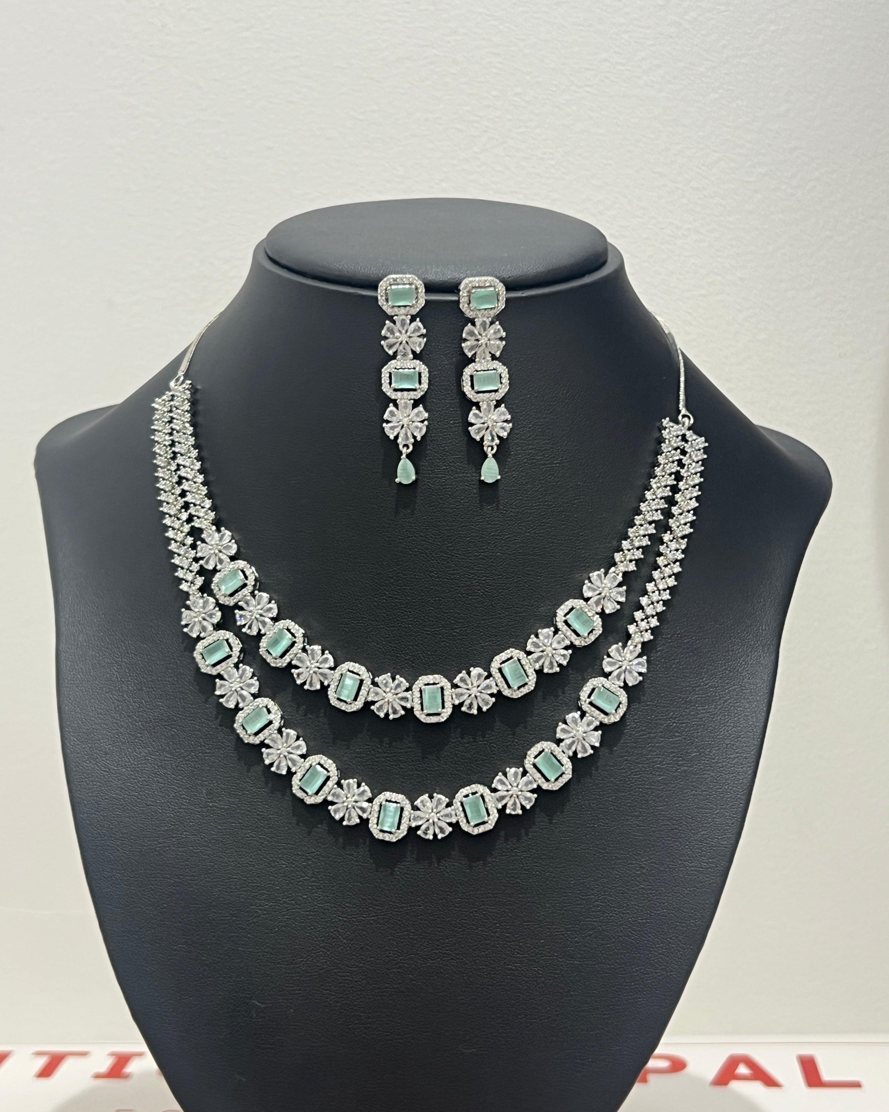 Double Layer American Diamond Necklace Set Sea Green - Boutique Nepal Australia 