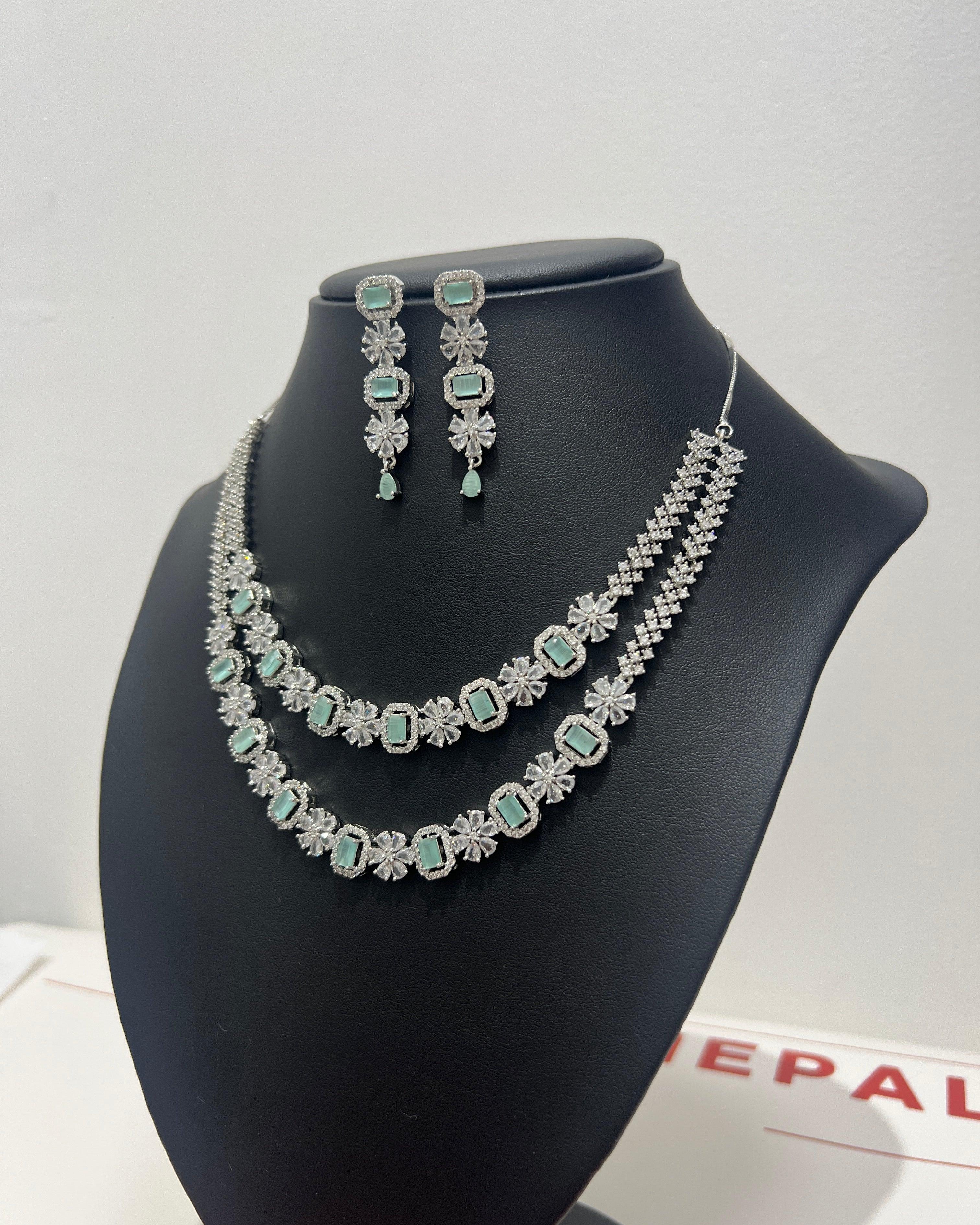 Double Layer American Diamond Necklace Set Sea Green - Boutique Nepal Australia 