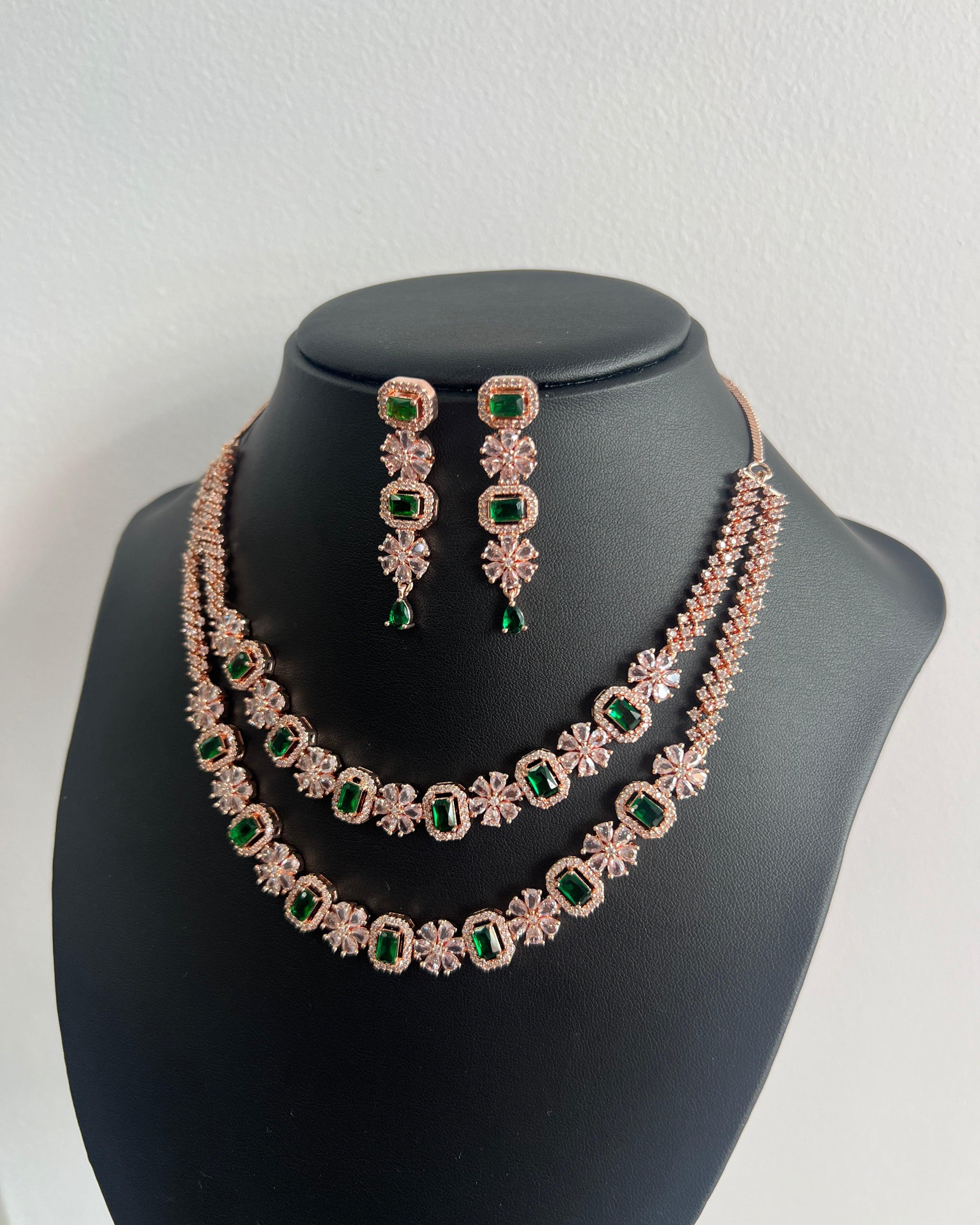 Double Layer American Diamond Necklace Set Sea Green Rose Gold with Dark Green Stone - Boutique Nepal Australia 