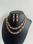 Double Layer American Diamond Necklace Set Sea Green Rose Gold with Dark Green Stone - Boutique Nepal Australia 