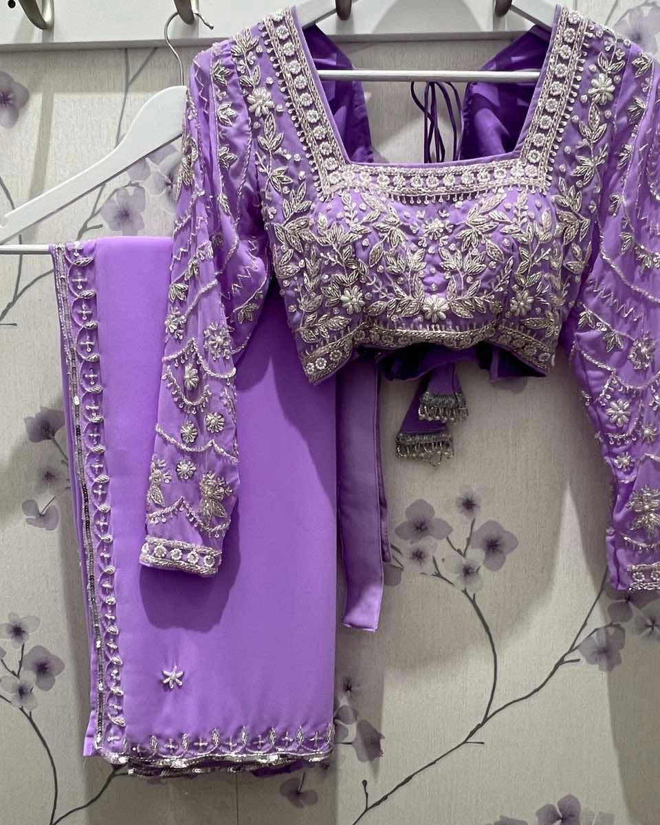Embroidered Saree Set In Lavender - Boutique Nepal