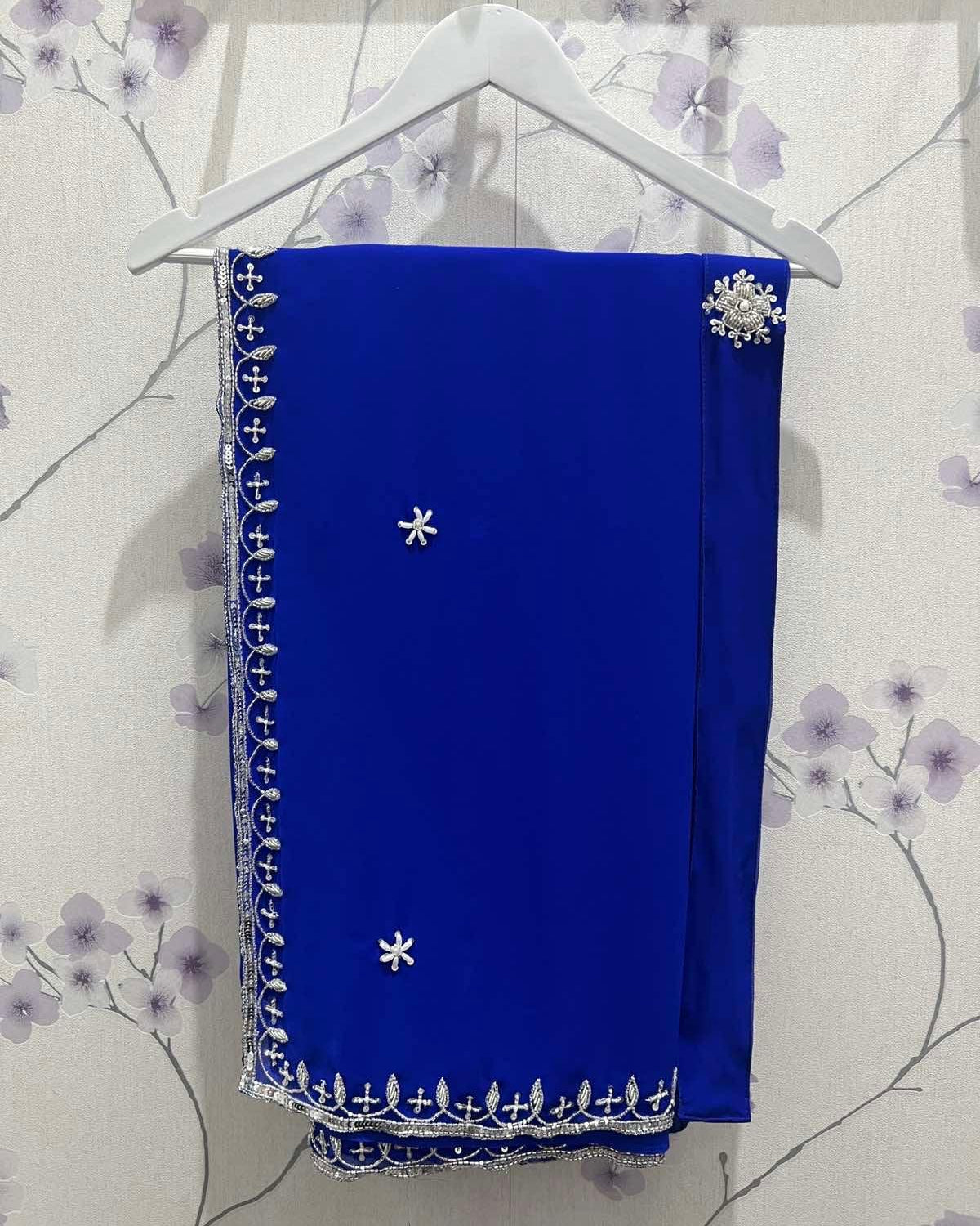 Embroidered Saree Set In Royal Blue - Boutique Nepal