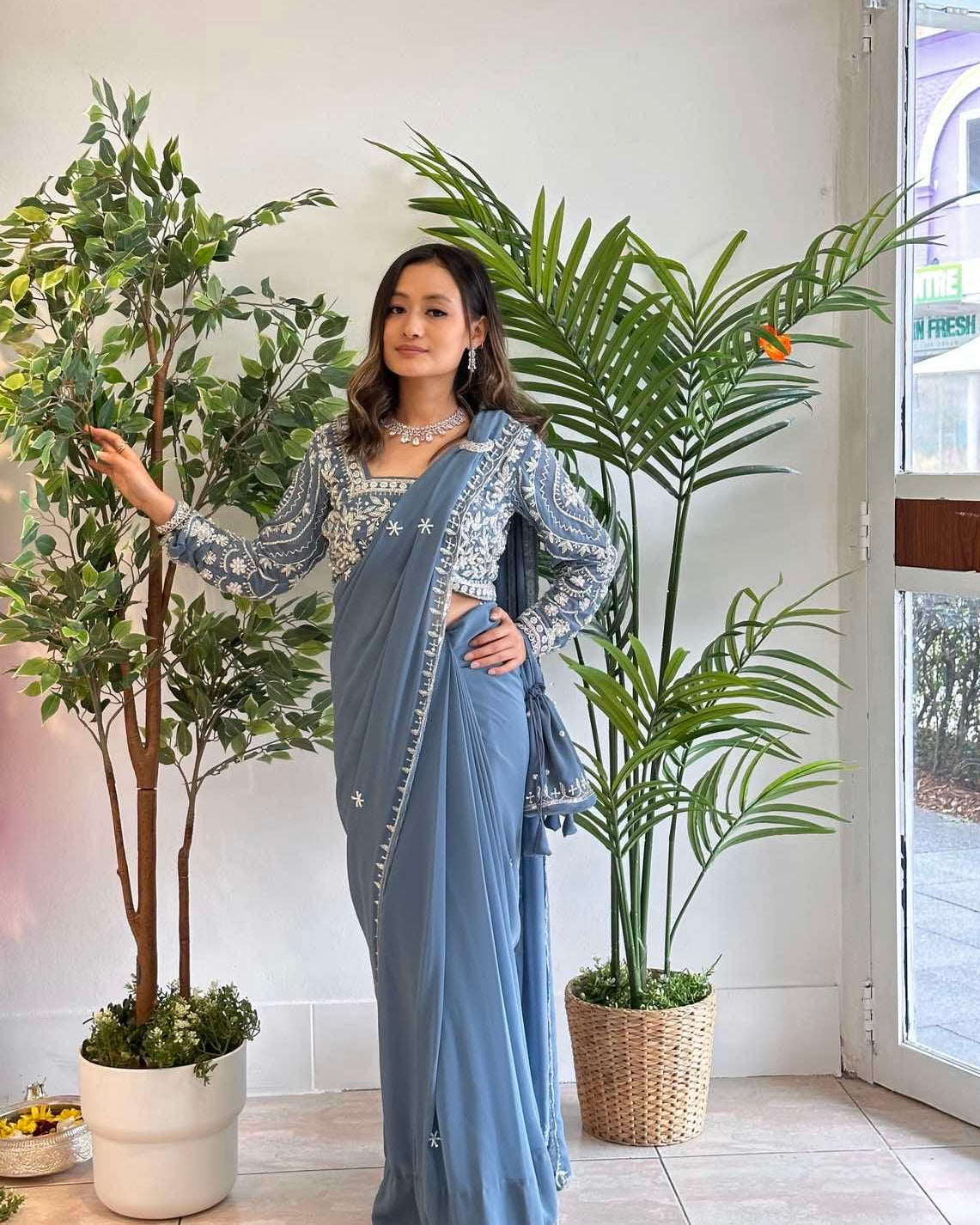 Embroidered Saree Set in Silver - Boutique Nepal