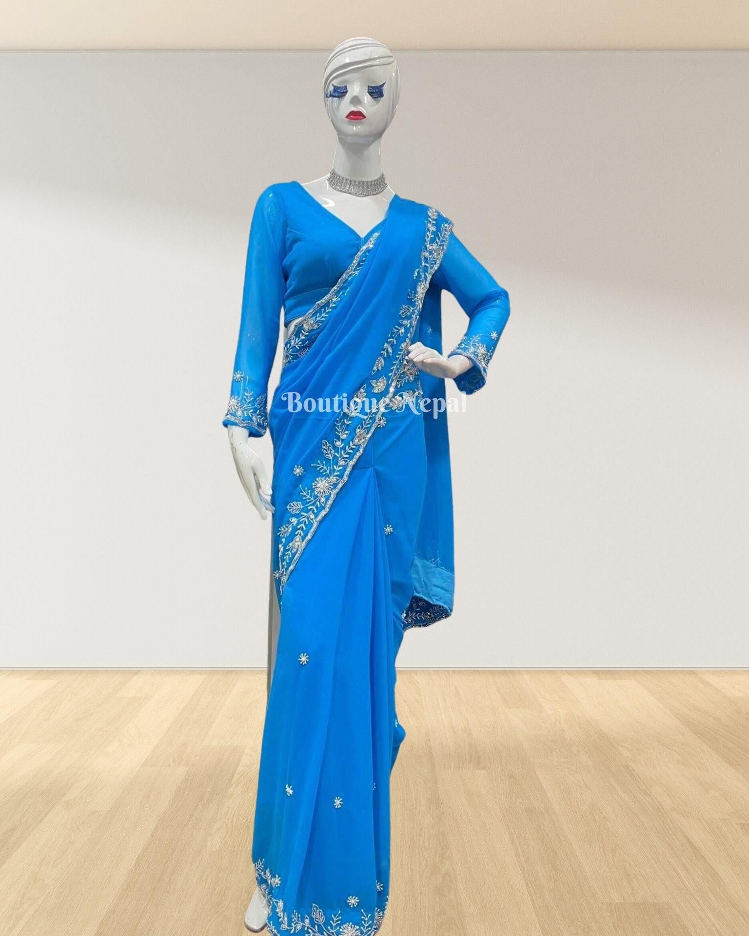 Embroidered Saree Set In Skyblue - Boutique Nepal Au