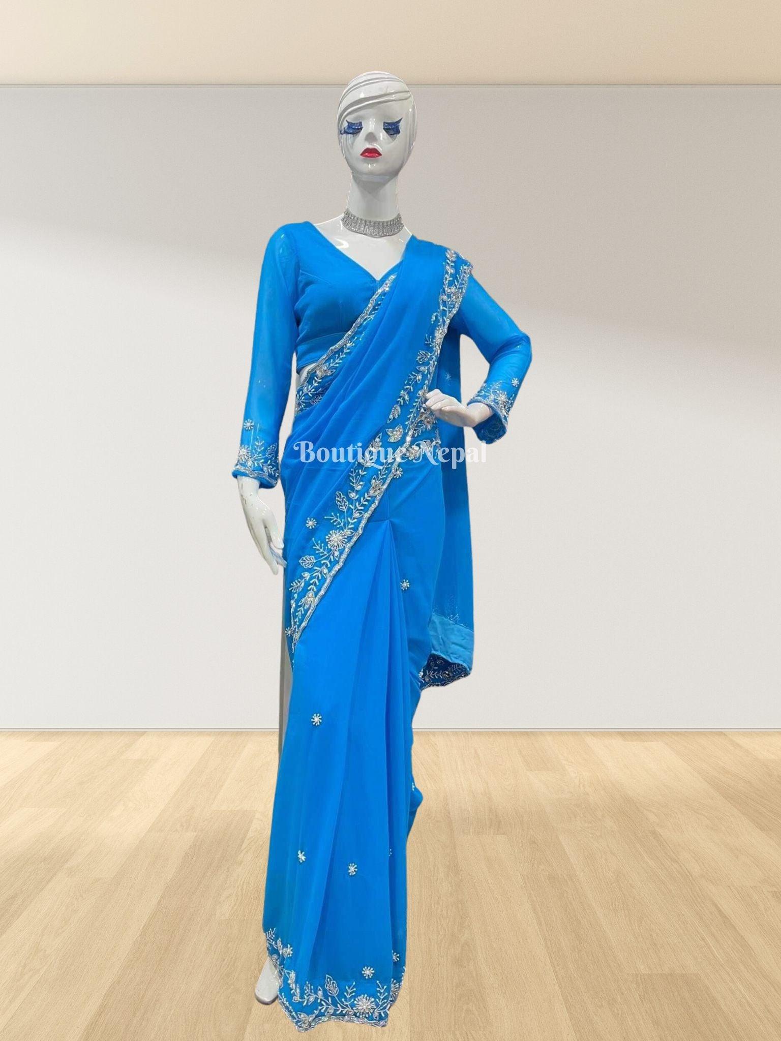 Embroidered Saree Set In Skyblue - Boutique Nepal