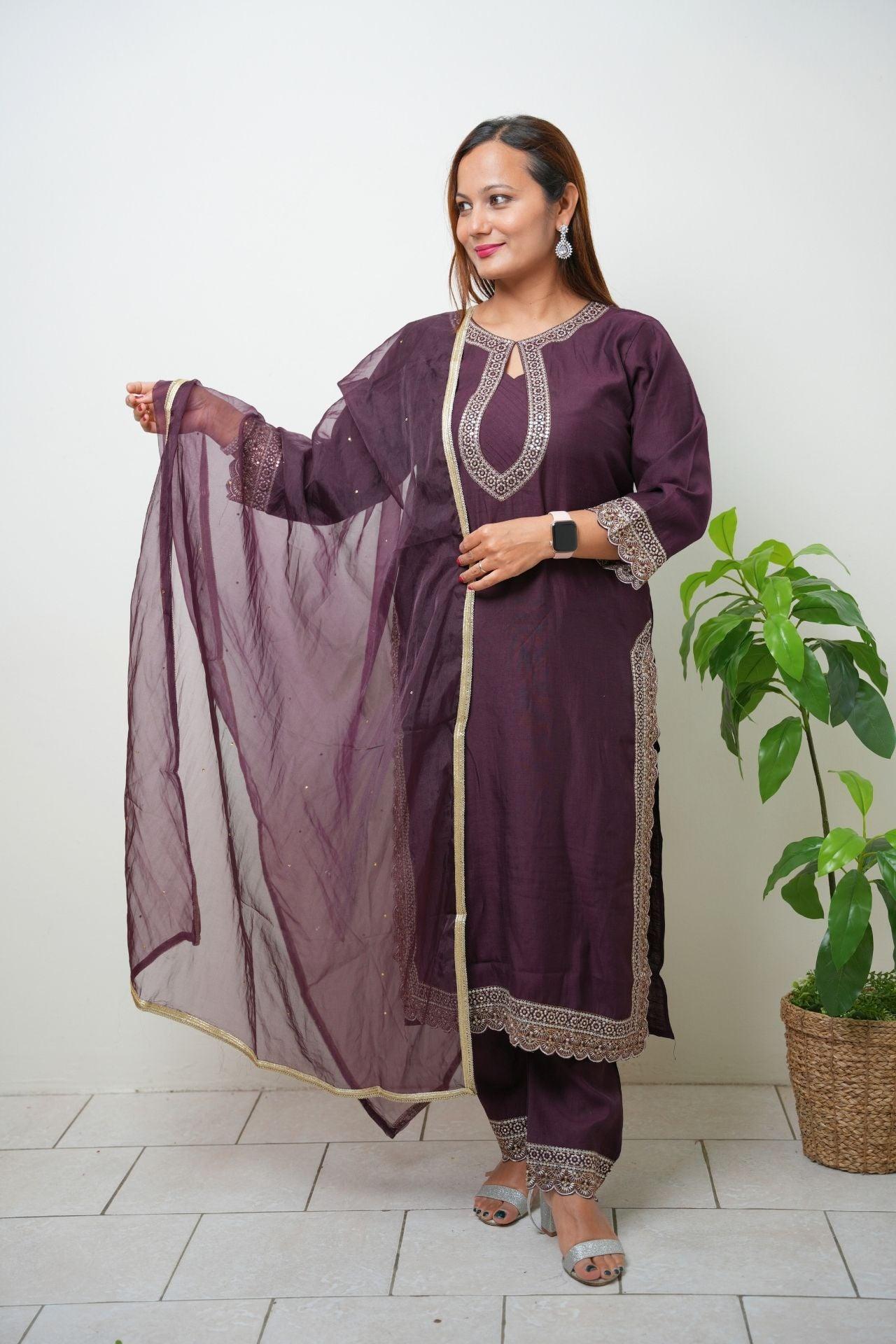 Embroidered Silk Blend Kurta Set - Boutique Nepal