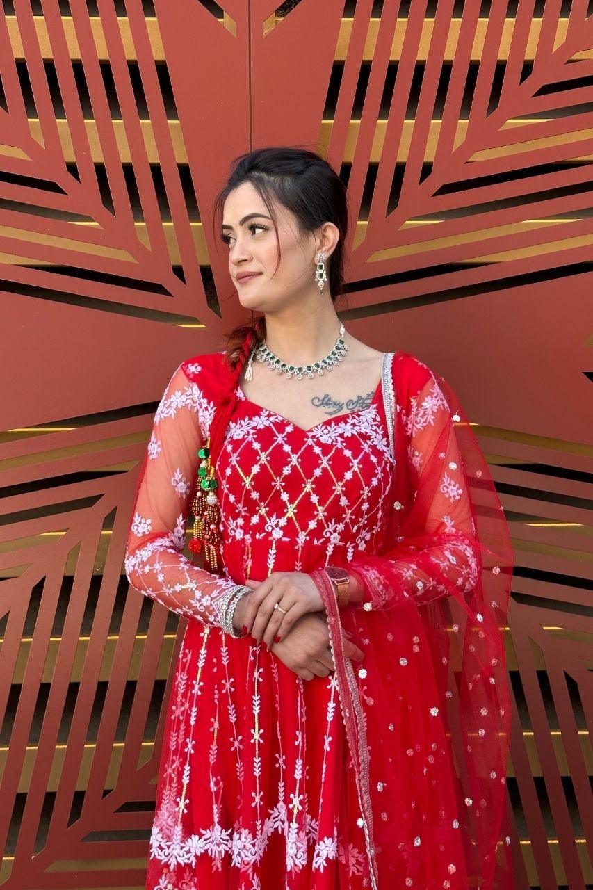 Embroidery Anarkali Set In Red - Boutique Nepal Australia 