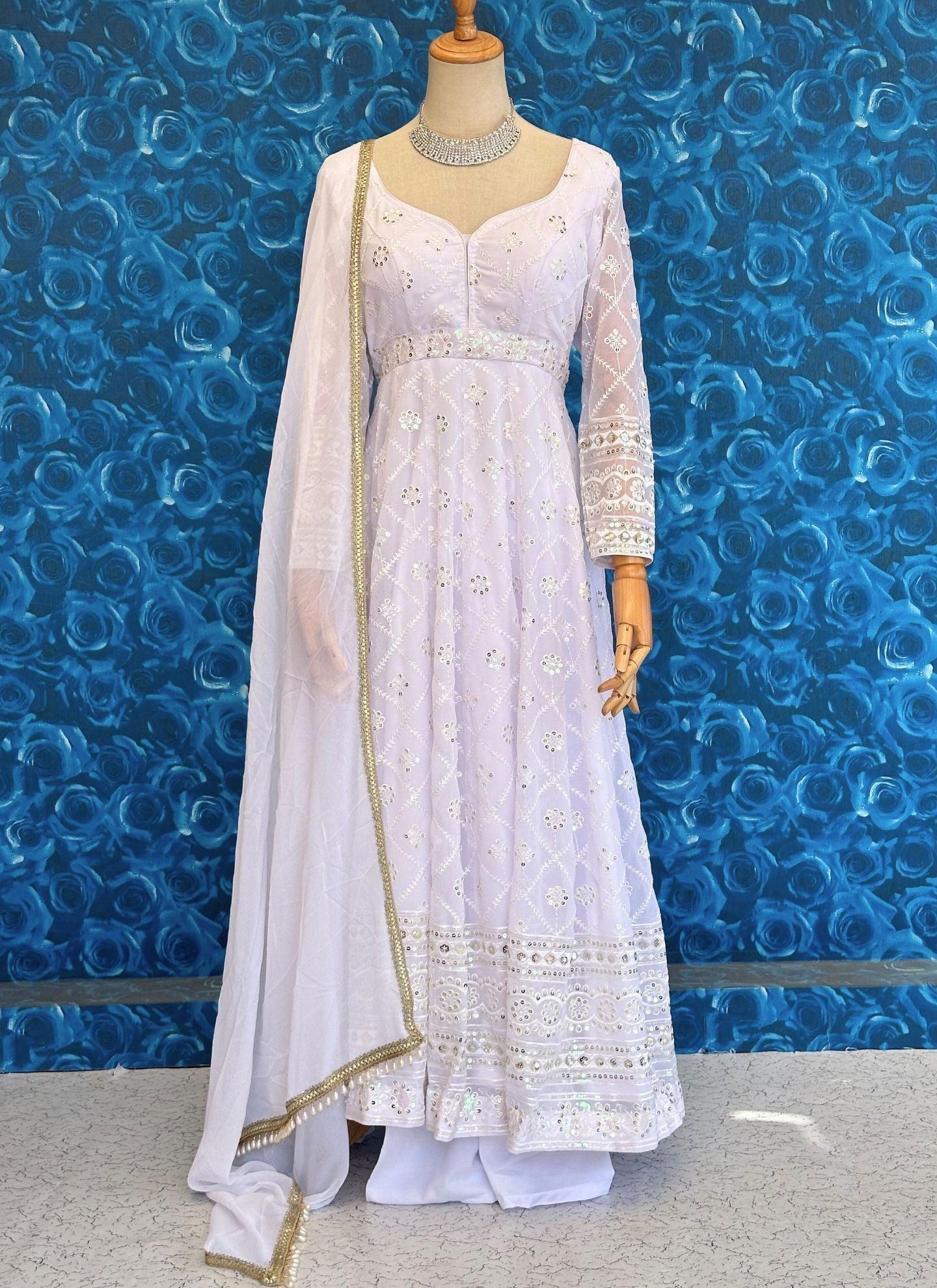 Floor-Length White Anarkali For Women - Boutique Nepal