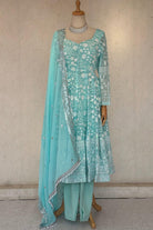 Floral Embrodery Design Anarkali Set In Skyblue - Boutique Nepal