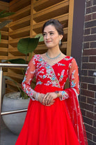 Flower Embroidery Red Anarkali Kurta Set - Boutique Nepal