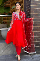 Flower Embroidery Red Anarkali Kurta Set - Boutique Nepal Australia 
