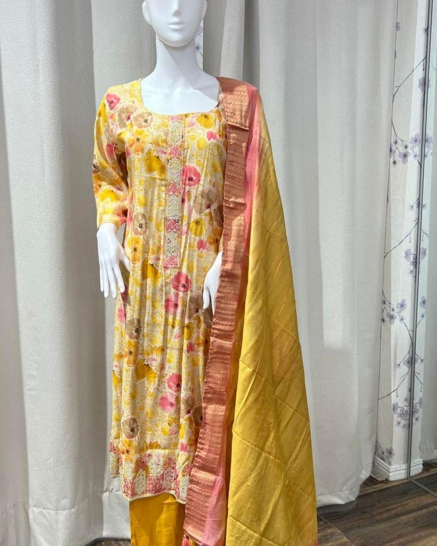 Flowerl Print and Embroided Soft Organza Kurtha Set In Yellow - Boutique Nepal Australia 