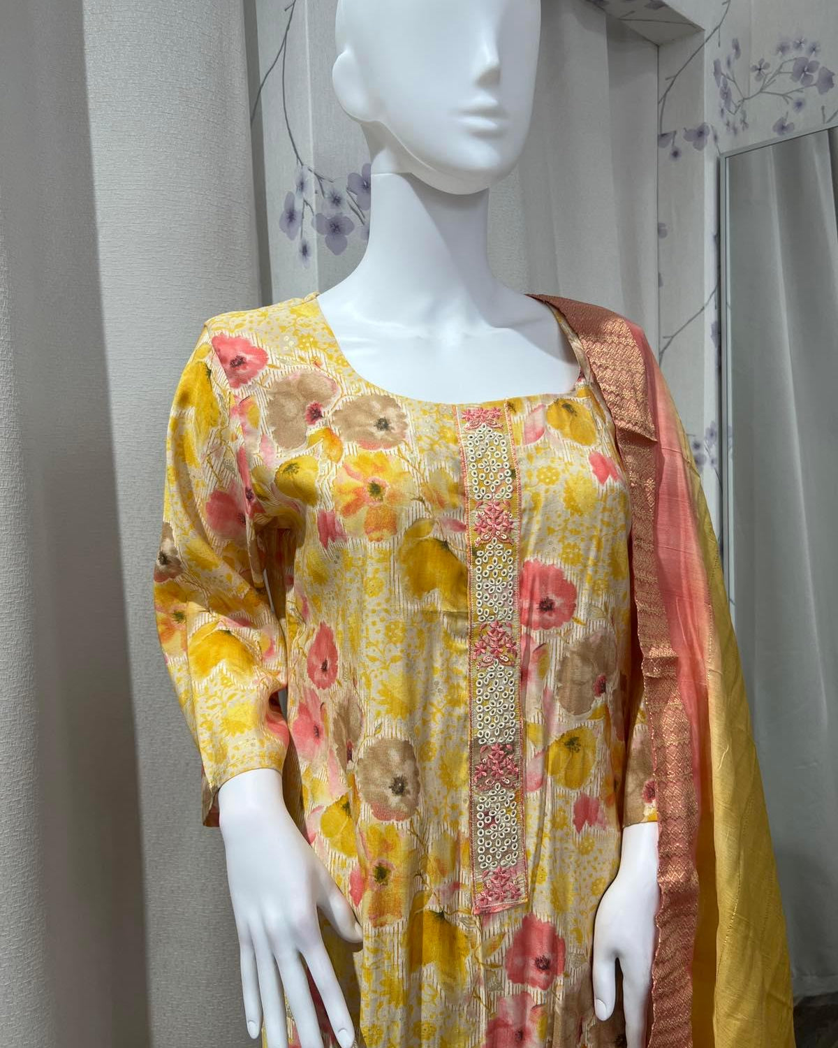 Flowerl Print and Embroided Soft Organza Kurtha Set In Yellow - Boutique Nepal Australia 