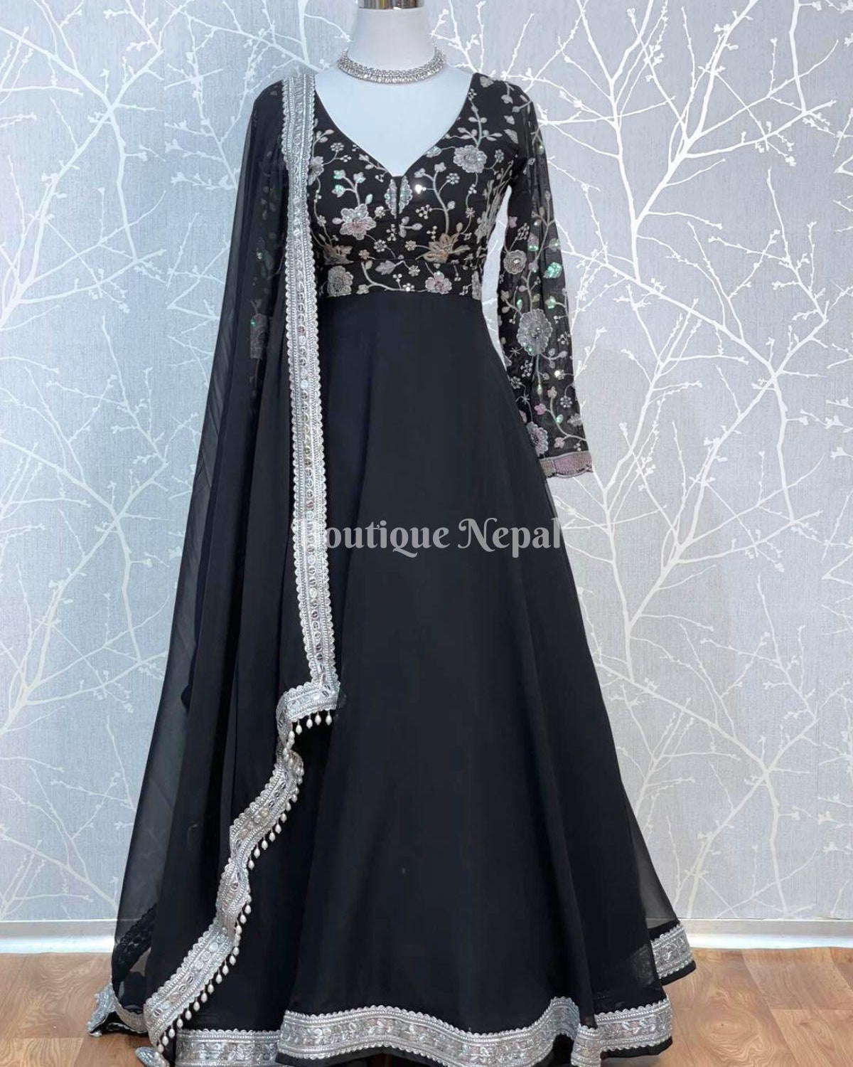 Full Sleeve Designer Gown In Black - Boutique Nepal Au