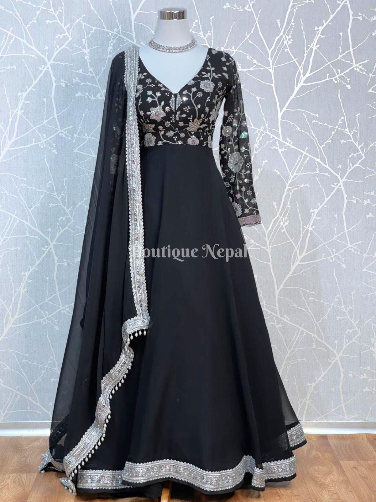 Full Sleeve Designer Gown In Black - Boutique Nepal