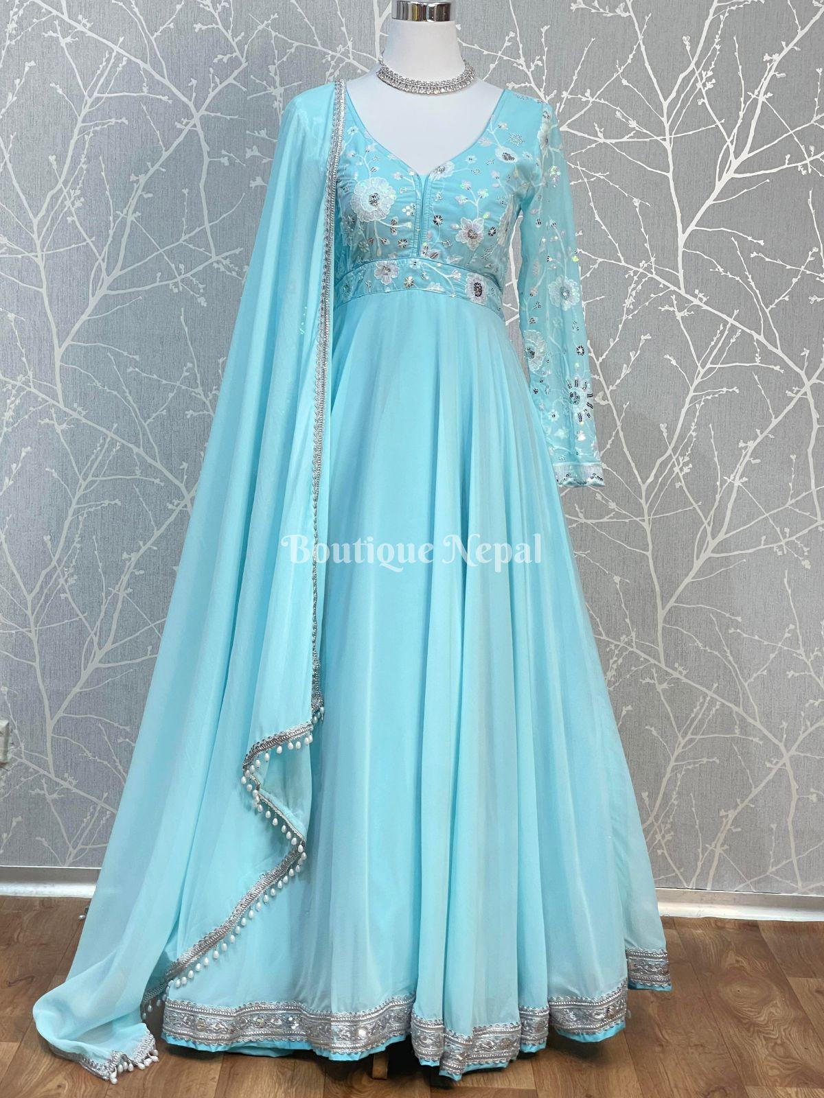 Embroidered Ankle Length Gown with Flair Net Sleeves