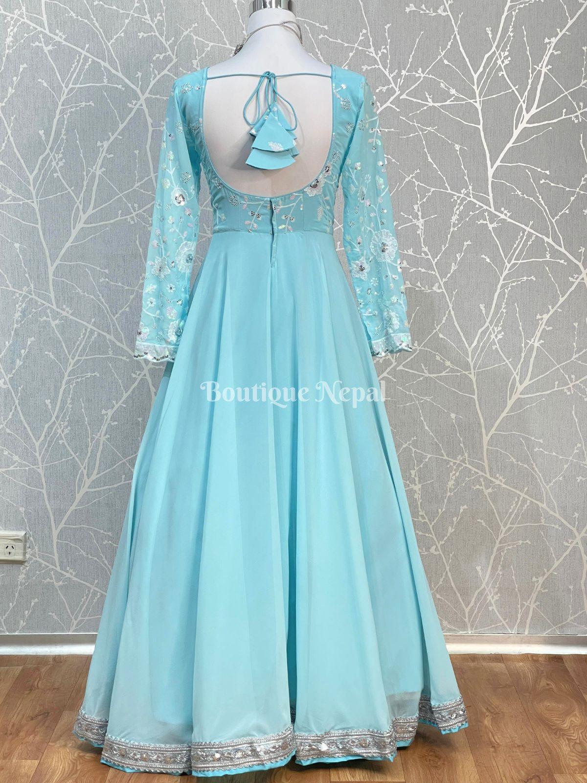 Full Sleeve Designer Gown In Skyblue Boutique Nepal