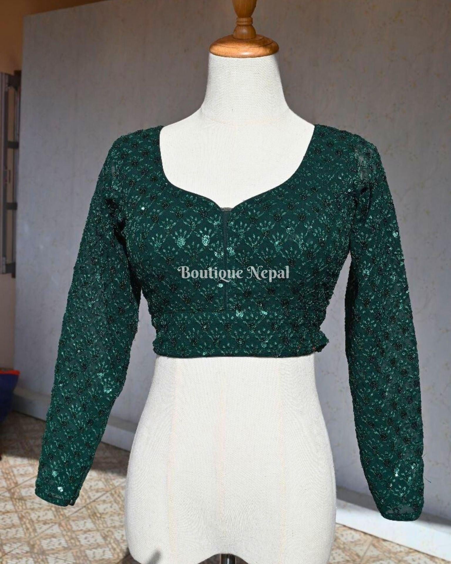 Full Sleeves Green Sequence Blouse - Boutique Nepal Australia 