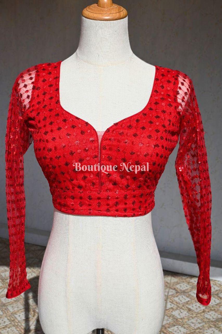 Full Sleeves Red Embroidery Blouse - Boutique Nepal